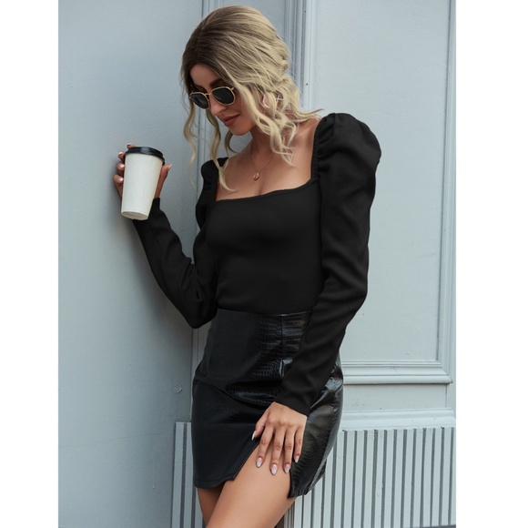 Puff Shoulder Square Neck Black Knit Top - Picture 5 of 8